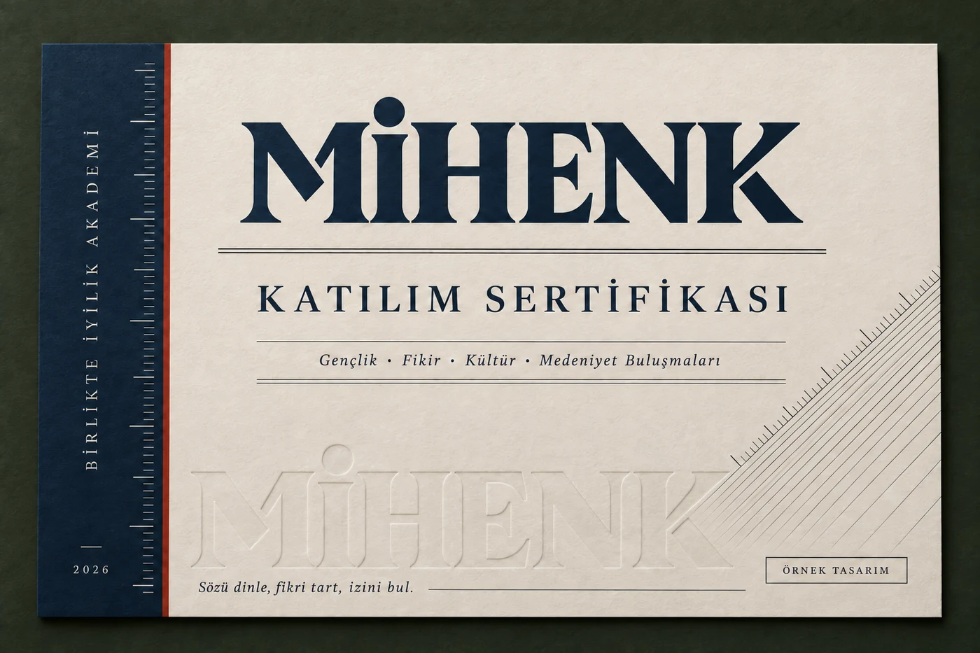 MİHENK katılım sertifikası için temsili tasarım; örnek belge