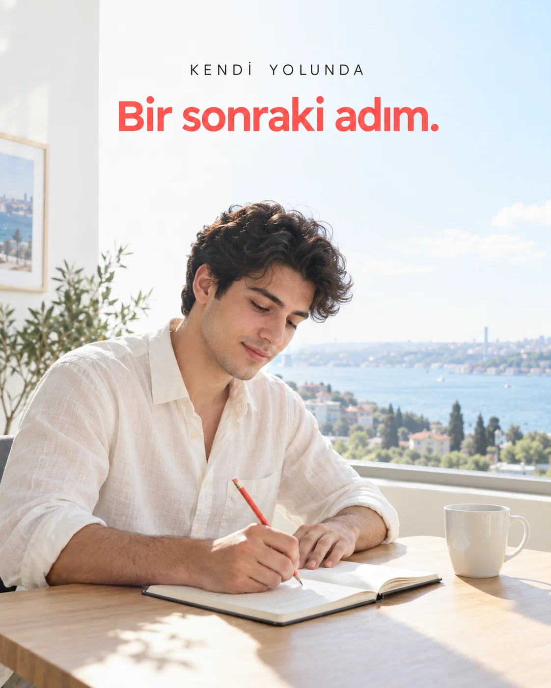 Bir sonraki adım: gün ışığında defterine plan yazan genç erkek.