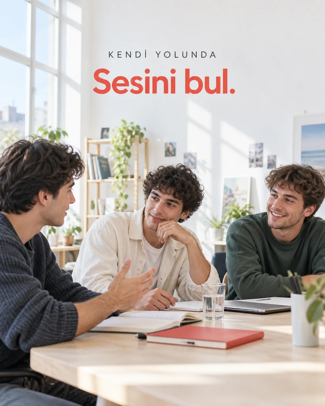 Sesini bul: aydınlık bir atölyede birbirini dinleyen üç genç erkek.